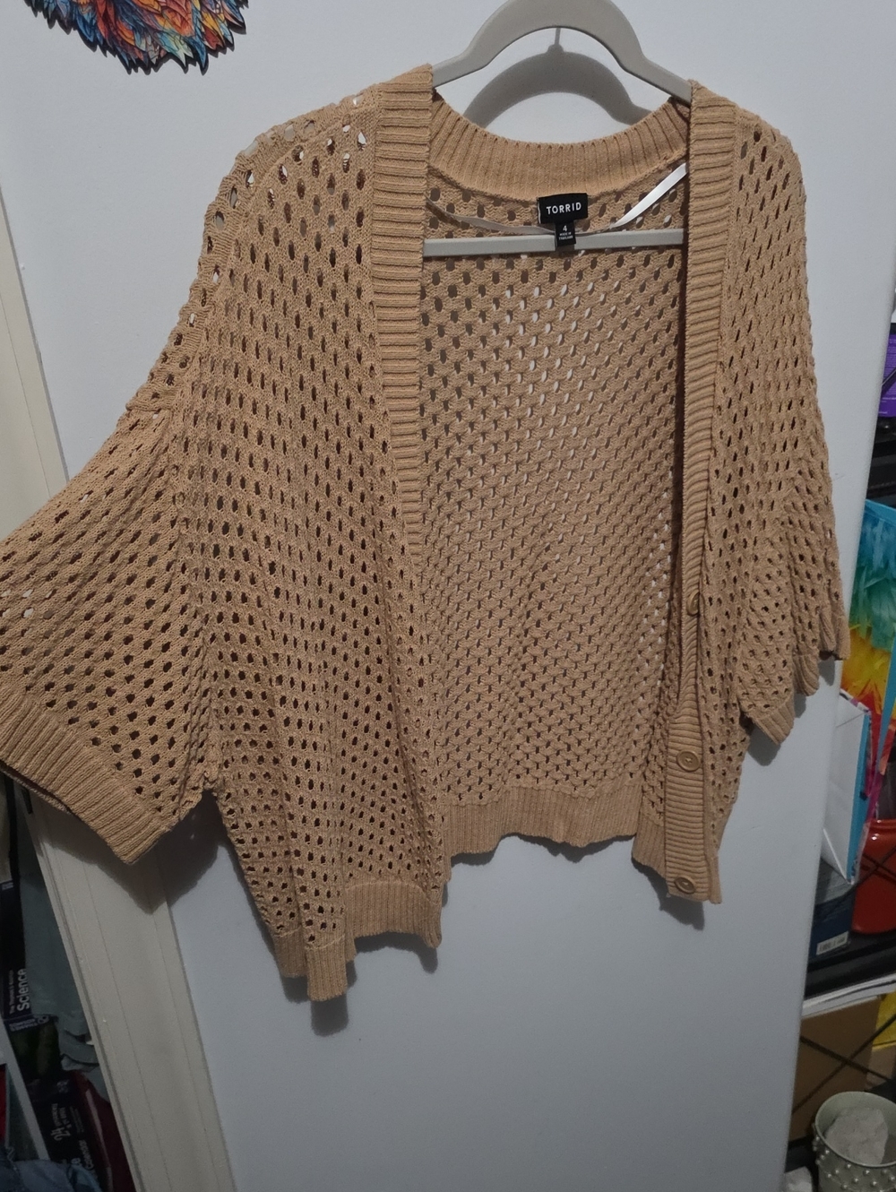 torrid Open-Weave Short Sleeve Cardigan in Camel/Tan